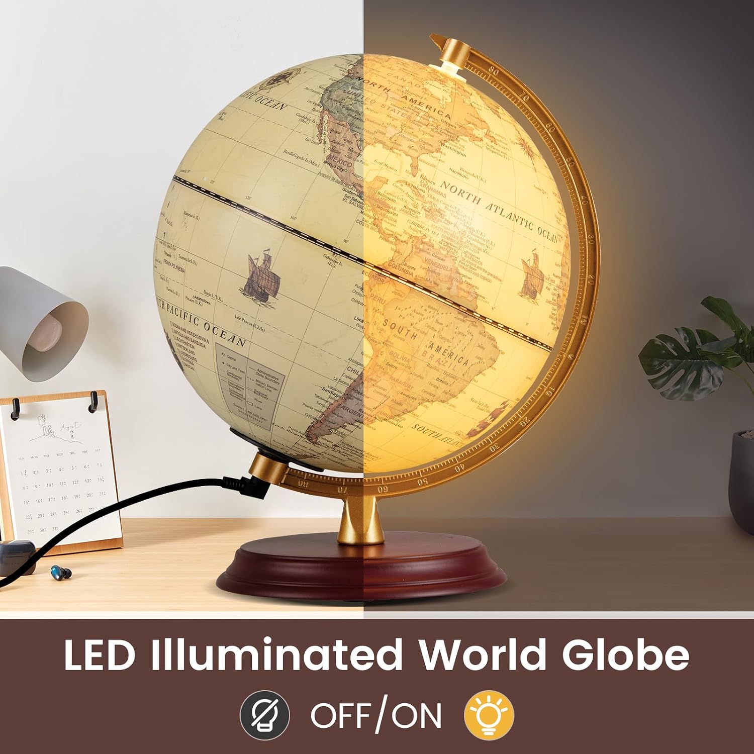 Illuminated Wooden‑Stand World Globe Lamp