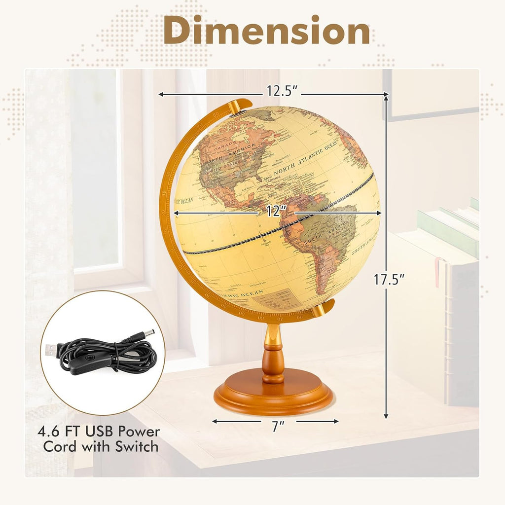 Rotating Illuminated Antique World Globe Lamp