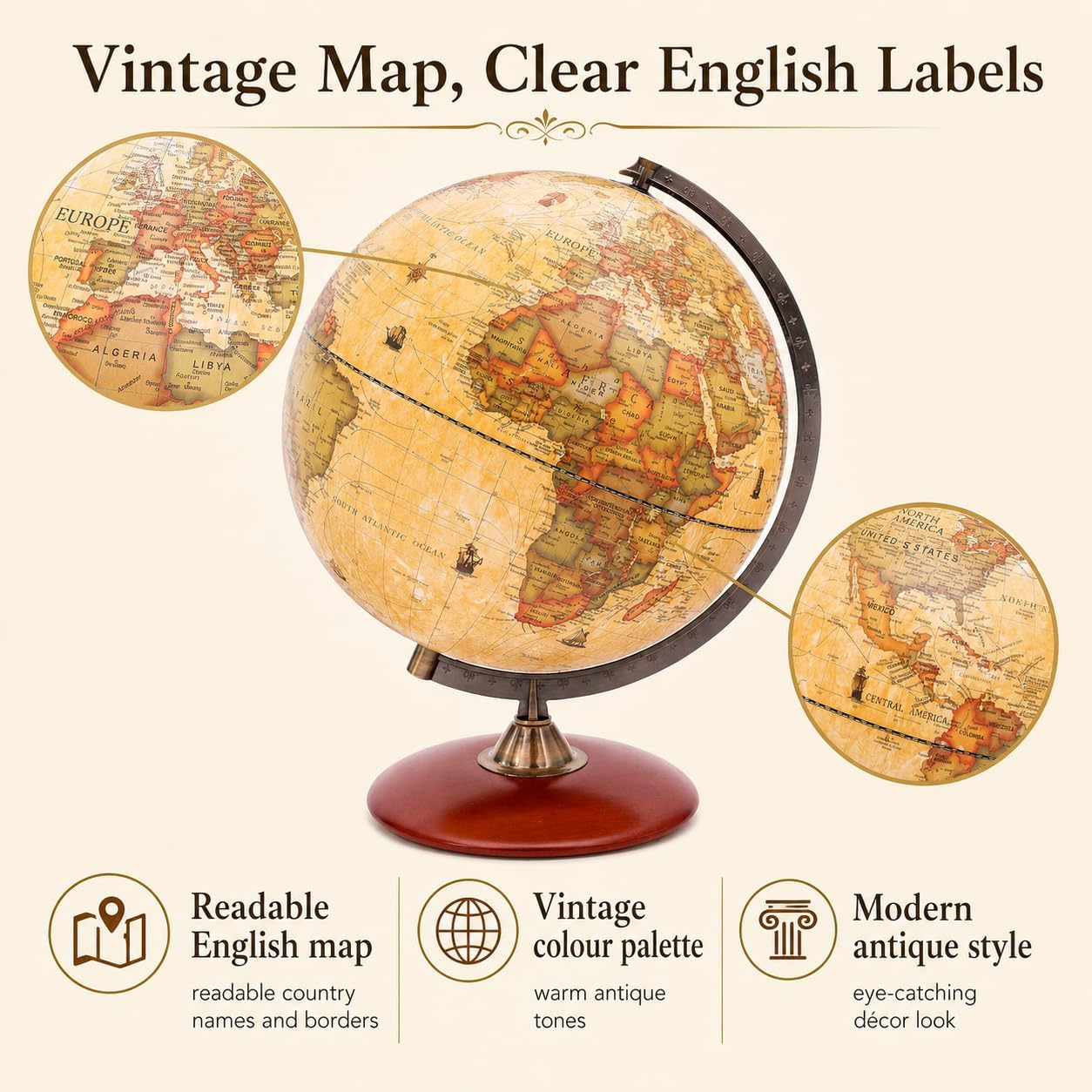 12‑Inch Rotating Antique World Globe