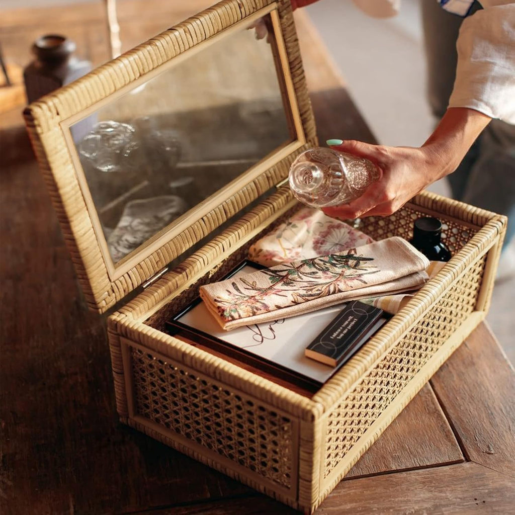 Handwoven Rattan Display Boxes With Glass‑Lids