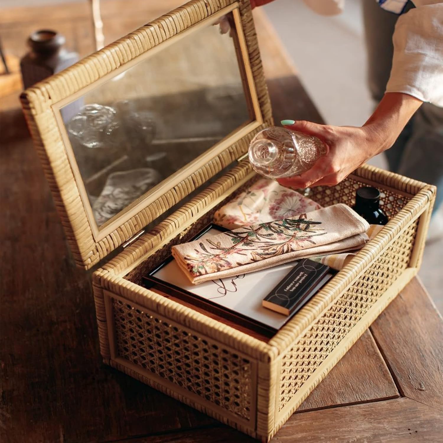 Handwoven Rattan Display Boxes With Glass‑Lids