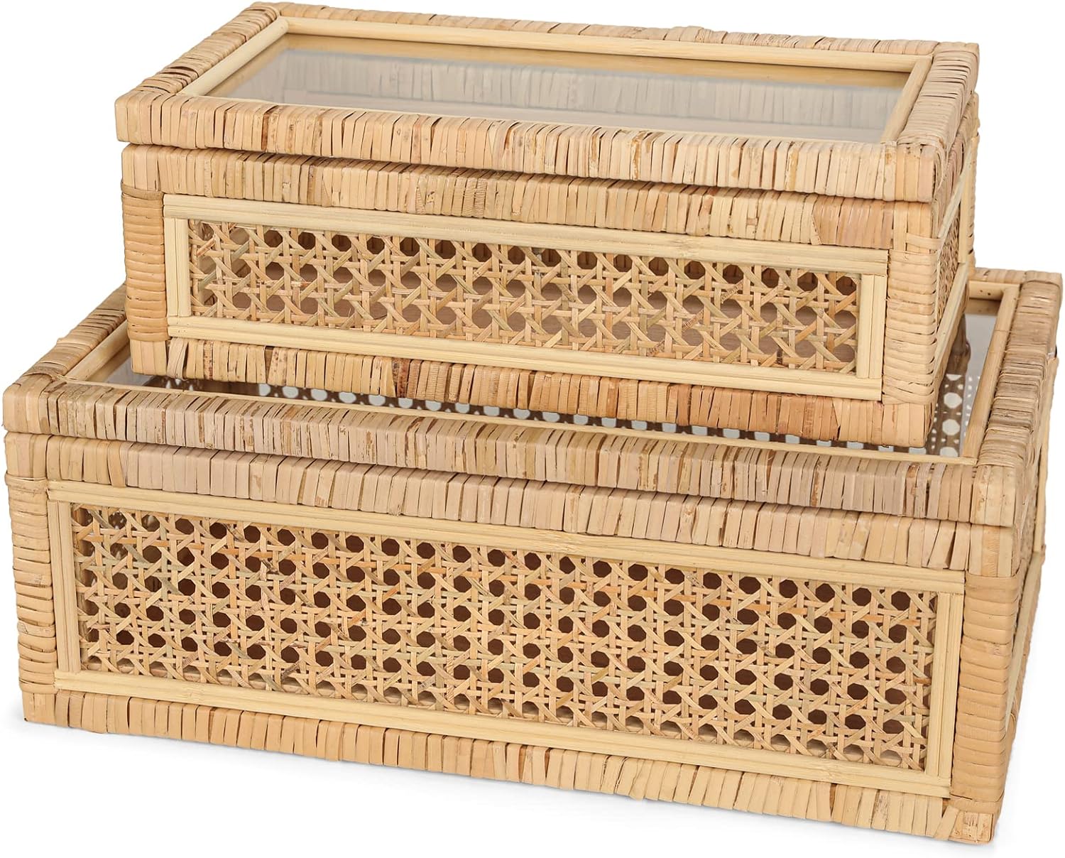 Handwoven Rattan Display Boxes With Glass‑Lids